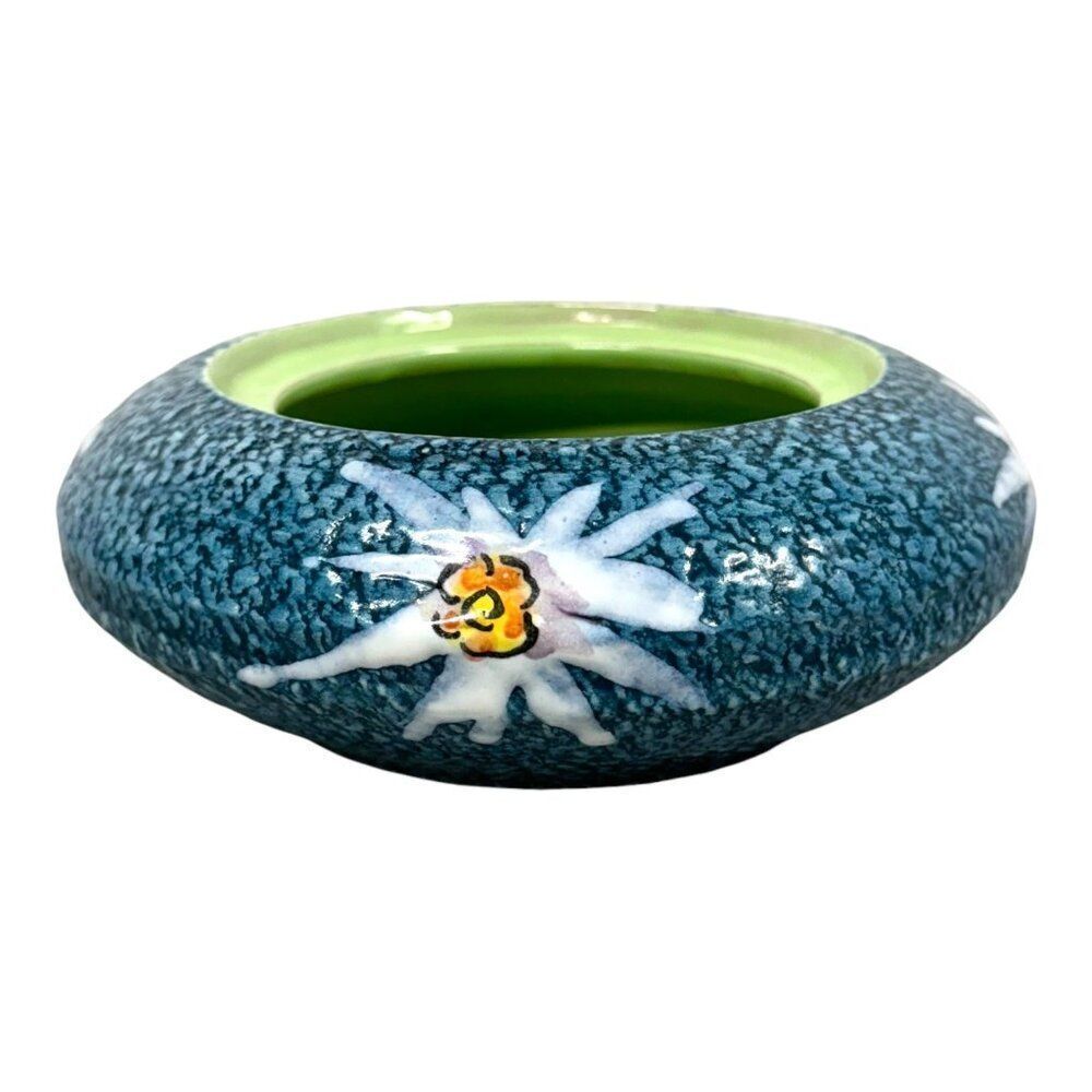 Vintage Signed Italy Blue Ceramic Bowl Planter Floral & Green Interior Flower 6"